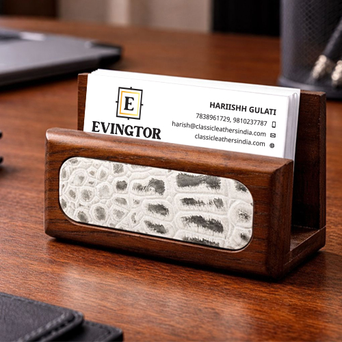 Walnut Wooden & White Croco Business Card Holder
