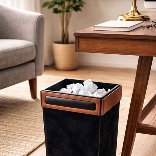 Wallnut Wooden & Leather Wastee Basket Black