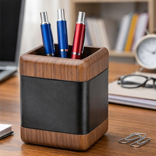 Wallnut Wooden & Leather Pencil Cup
