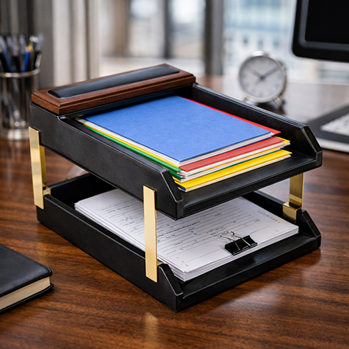 Wallnut Wooden & Leather Letter Tray