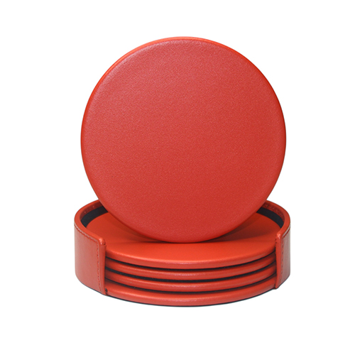 Red Leather 4 Round Coaster Set