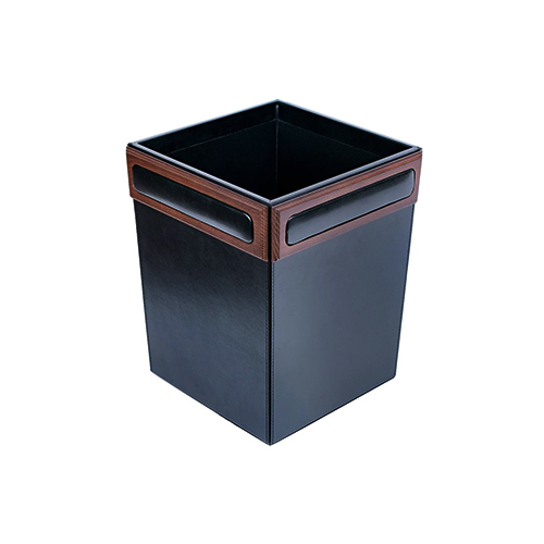 Wallnut Wooden & Leather Wastee Basket Black