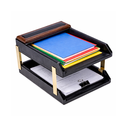 Wallnut Wooden & Leather Letter Tray