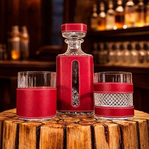 Leather Wrapped Whiskey Decanter Set
